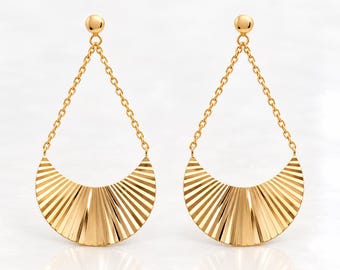 Fan Earrings • 18K Gold plated • Crescent Sunray Fluted texture Chain Drops • Art Deco Jewelry