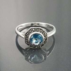 Bague Femme Rétro En Argent 925 Sertie De Marcassite Et Cristal Topaze - Taille 54, Neuve Sans Emballage