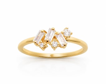 Geometric Mosaic Ring • Gold plated 18K• Round and Baguette Diamond Cz Cuts Band • Architectural Jewelry