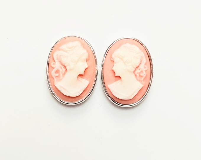 Cameo Earrings - Sterling Silver red and white resin oval stone, woman face portrait cameo, Vintage Victorian Jewelry, Lever back Earrings