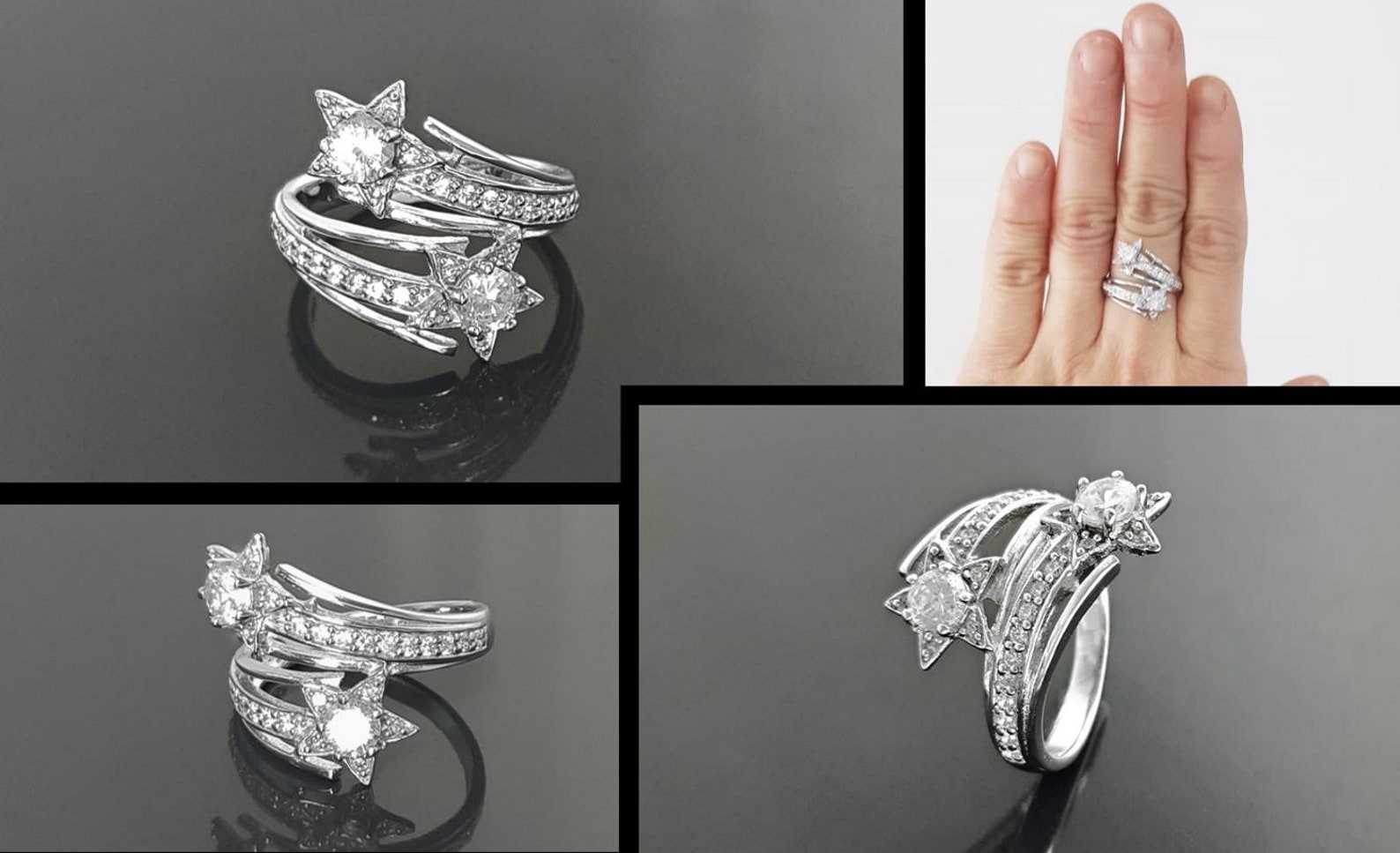 Bague En Argent Sterling Motif étoiles - Taille 59 (env. 19.75) - Poids 8.80g - Occasion