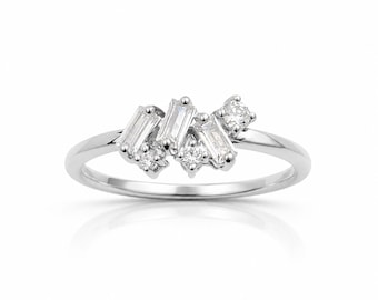 Geometric Mosaic Ring • Sterling Silver • Round and Baguette Diamond Cz Cuts Band • Architectural Jewelry