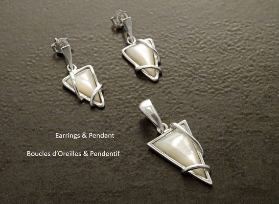 Mother of Pearl Pendant & Earrings Set by KRAMIKE • Sterling Silver with Geometric Design • Perfect for Elegant Daily Wear or Gifting •KS048