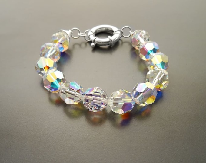 Crystal Bracelet, Rainbow Borealis Reflections Crystal Beaded Bracelet, 10mm Stone Beads balls Jewelry, Sterling Silver Spring Ring Clasp