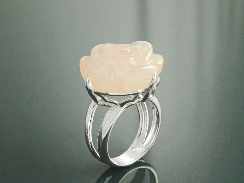 Rose Ring, Sterling Silver made, engraved stone, NATURAL Rose Quartz Gemstone jewelry, Rose flower, Floral design, Birthstone Ring image 8