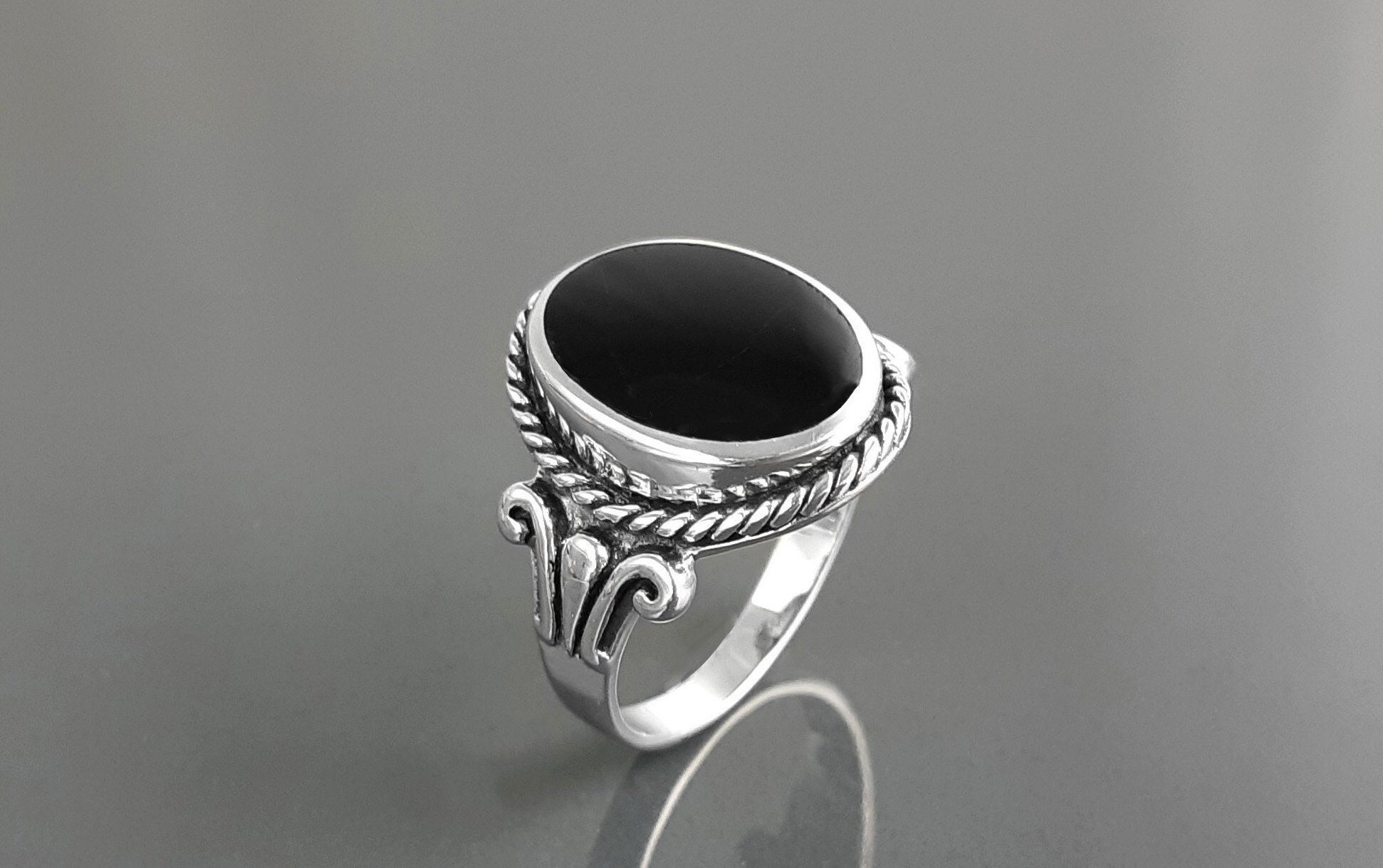 chmuck Ringe ilberringe Breiter Tibetanische Silber Ring filigran mit onyx Stein Gr.18 