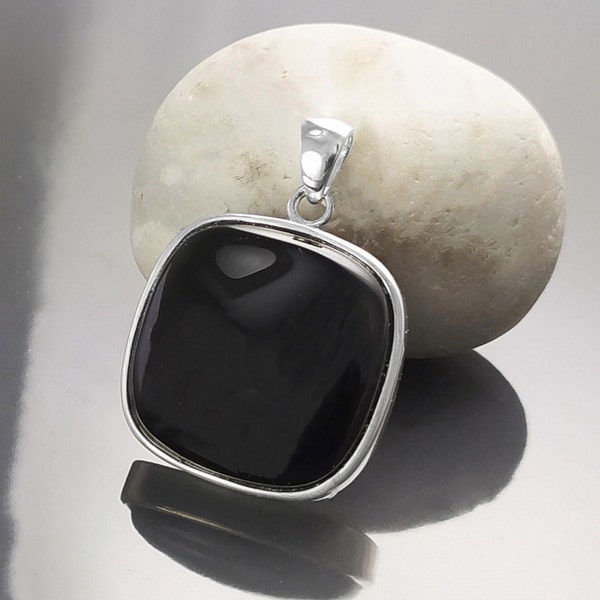 Big Black Rounded Square Pendant, Sterling Silver, Black Onyx Gemstone, Geometric Minimalist Design Round Jewelry, Statement Necklace