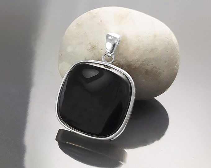 Big Black Rounded Square Pendant, Sterling Silver, Black Onyx Gemstone, Geometric Minimalist Design Round Jewelry, Statement Necklace
