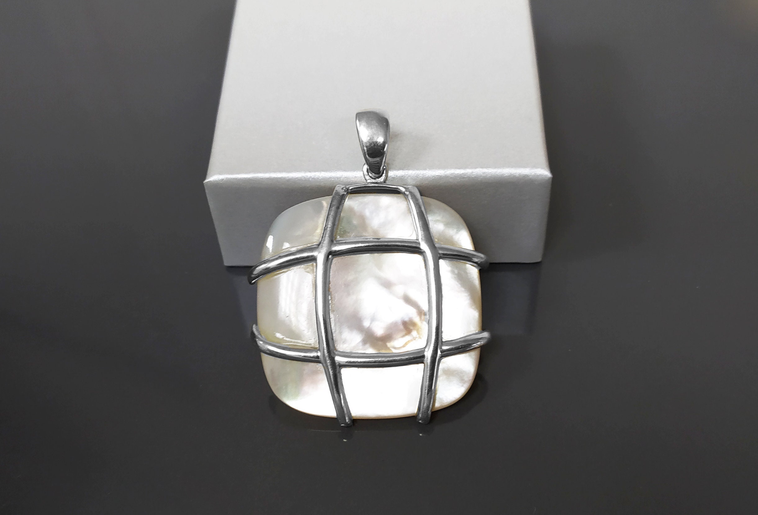 Statement Square Shell Pendant, Sterling Silver, GENUINE