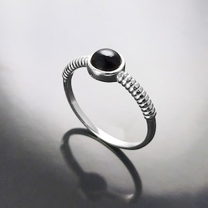 Round Onyx Ring, Sterling Silver, Black Onyx Gemstone, Small Domed Stone, Modern Ethnic Chic Braided Band Shank, Casual Style Jewelry