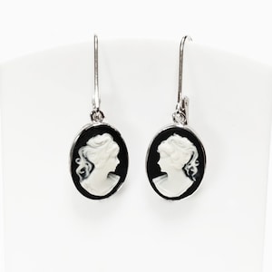 Cameo Earrings, Sterling Silver Black and white oval resin stone, woman face portrait cameo, Vintage Victorian Jewelry, Lever back Earrings