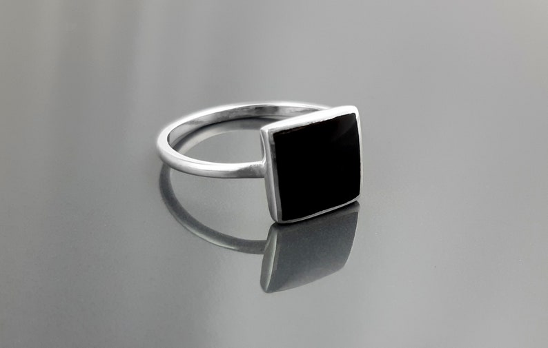 Black Onyx Ring, Stacking Ring Sterling Ring Square Ring Minimalist Ring Affordable Ring Black Stone Ring Dainty Silver Ring. image 4