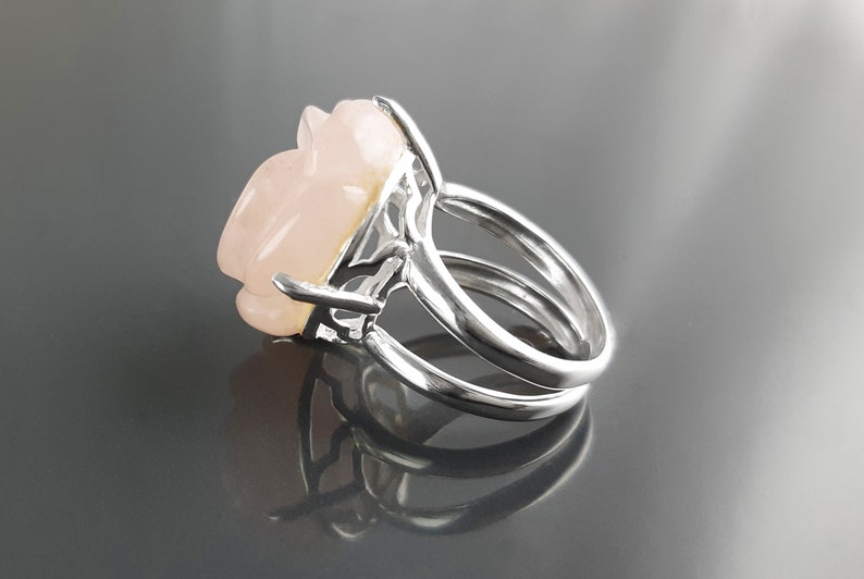 Rose Ring, Sterling Silver made, engraved stone, NATURAL Rose Quartz Gemstone jewelry, Rose flower, Floral design, Birthstone Ring image 5