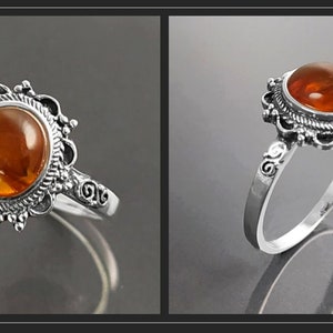 Antique Amber Ring, Sterling Silver, Genuine Amber Ring, Dainty Stone Ring, Midi Oval Ring, Boho Jewelry, Vintage Hipster Ring image 2