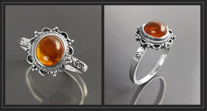 Antique Amber Ring, Sterling Silver, Genuine Amber Ring, Dainty Stone Ring, Midi Oval Ring, Boho Jewelry, Vintage Hipster Ring image 2