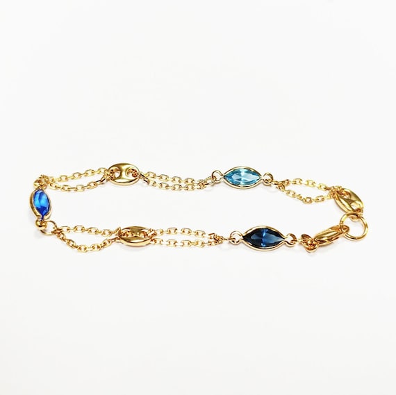 Topaz Link Bracelet • 18K Gold Plated Double Chain With 3 Blue