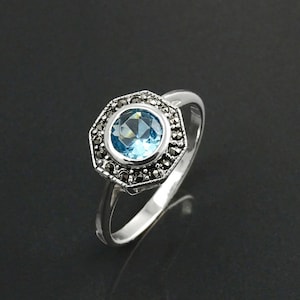 Petite Bague Topaze et Marcassite , Argent 925, Bague Octogonal, Pierre Zirconia Topaze Bleu, Marcassites, Bijoux Vintage, Cadeau pour Femme image 6