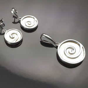 Spiral Earrings Set, Sterling Silver 925, White Mother of Pearl Shell Jewelry, Geometric Round Earrings and Pendant Set, Modern Disc Jewelry image 4