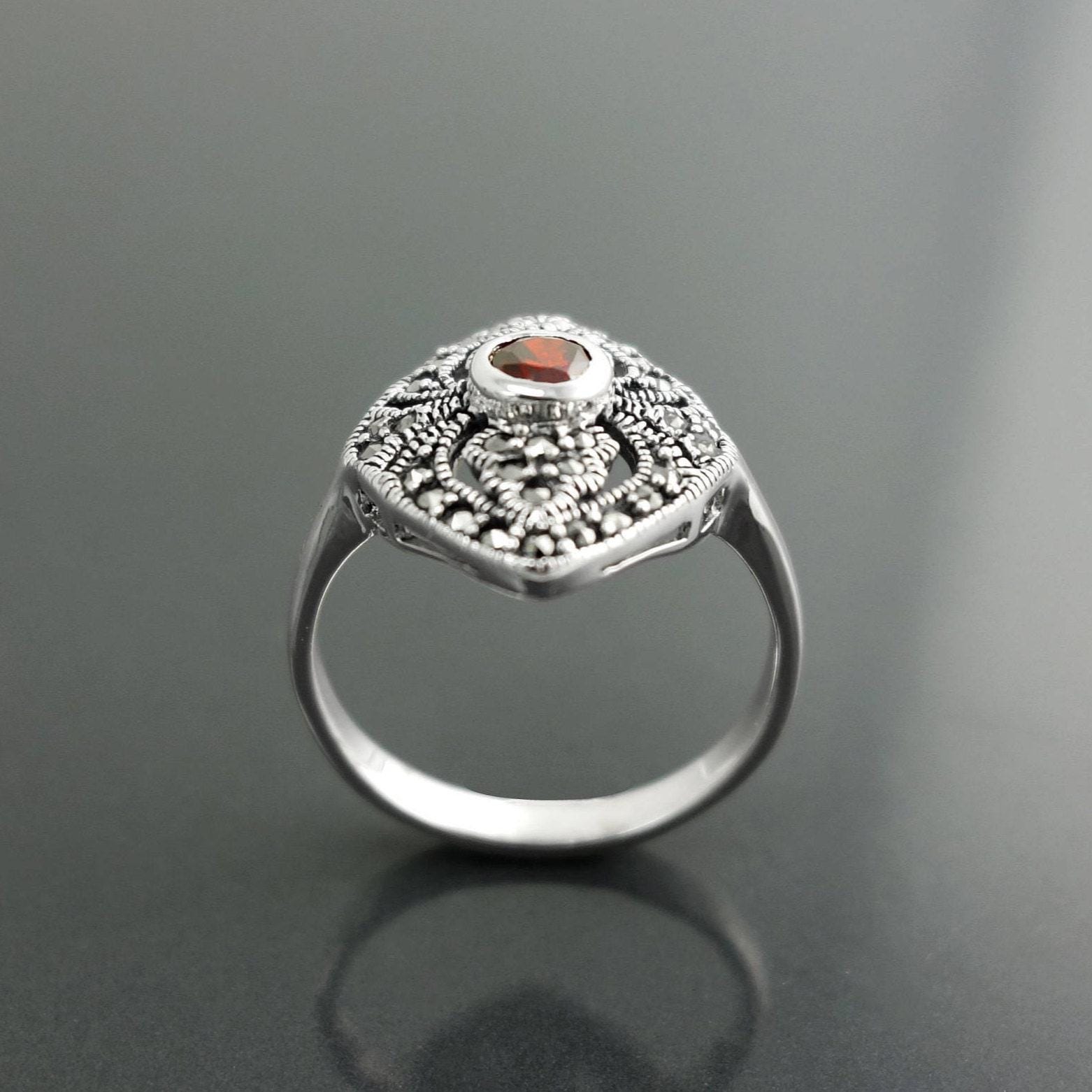 Art Deco Sterling Silver Marquise Ring, Lab Red Garnet, Marcasite ...