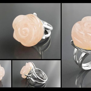 Rose Ring, Sterling Silver made, engraved stone, NATURAL Rose Quartz Gemstone jewelry, Rose flower, Floral design, Birthstone Ring image 4