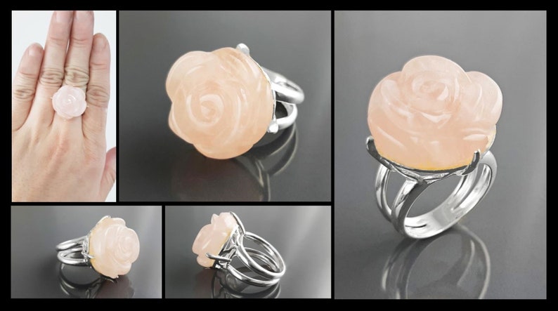 Rose Ring, Sterling Silver made, engraved stone, NATURAL Rose Quartz Gemstone jewelry, Rose flower, Floral design, Birthstone Ring image 4