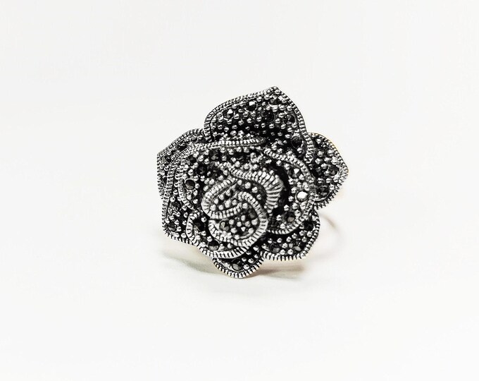 Rose Ring, Sterling Silver, Marcasite  Jewelry, Vintage Romantic Rose Flower Blossom, Bold Antique Design Style ring
