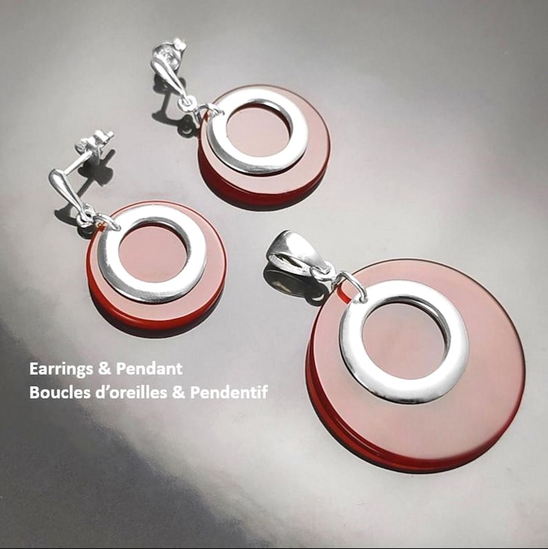 Colgante redondo rojo, plata de ley 925, discos de piedra de ágata roja, collar geométrico colgante moderno, joyería minimalista para mujer. imagen 5