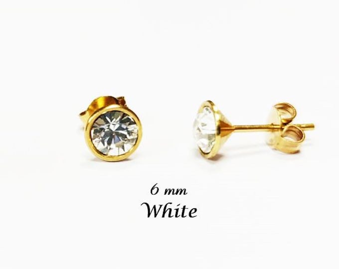 White Stone Stud Earrings • 18K Gold-Plated with Elegant Iridescent or Diamond White Cz 6mm Stone • Everyday Jewelry • Minimalist Studs