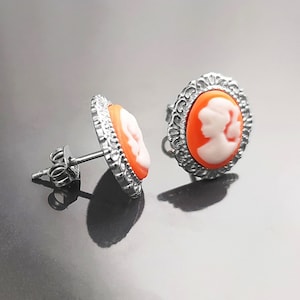 Cameo Earrings - Sterling Silver Red and white Resin stone - woman face portrait cameo - Vintage oval studs - Victorian Jewelry gift