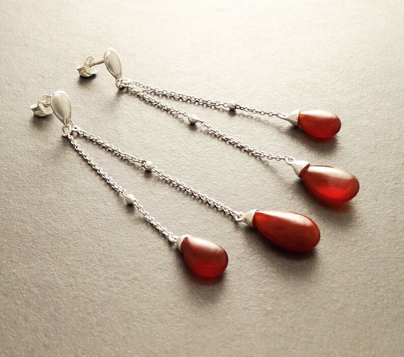 Sterling Silver Earrings Red Agate Gemstone Boho Earrings Chain Earrings Link earrings Teardrop Chain Red Teardrop Earrings