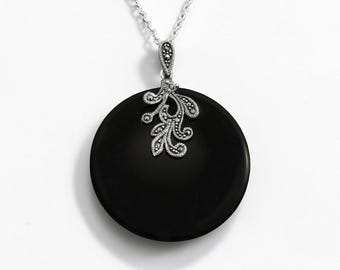 Black Onyx Marcasite Necklace, Sterling Silver, Statement Vintage Art Deco Round Pendant