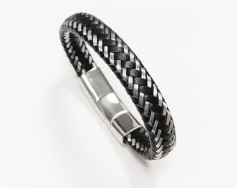 Bracelet rigide en cuir tressé et acier inoxydable • Manchette ajustable à cordons torsadés • Bijoux modernes