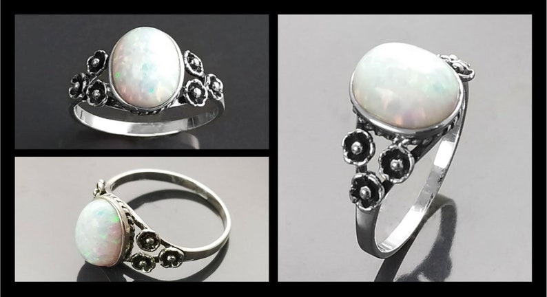 Puede incluir: Anillo de plata con una piedra de &oacute;palo ovalada e iridiscente. El anillo tiene un dise&ntilde;o floral en la banda. El &oacute;palo muestra un juego de colores con destellos blancos y otros tonos. Joya.
