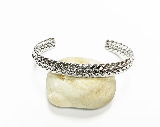 Braided Bangle Bracelet • Stainless Steel • Twisted Rope Open Rigid Cuff • Modern Unisex Jewelry • Light Slim Cuff • Gift for Her or Him