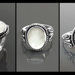 Bague Nacre Hipster, Argent 925, Nacre perlière Véritable, Bijou Unisexe Vintage, Pierre Blanche Ovale, Bague Baroque, Bords Travaillés image 4