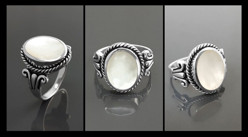 Bague Nacre Hipster, Argent 925, Nacre perlière Véritable, Bijou Unisexe Vintage, Pierre Blanche Ovale, Bague Baroque, Bords Travaillés image 4