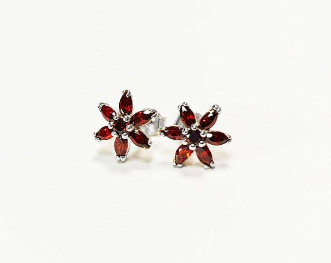 Red Flower Earrings, Sterling Silver Dainty Stud Earrings, Garnet Cubic Zircons, Tiny Floral jewelry, Gift for her