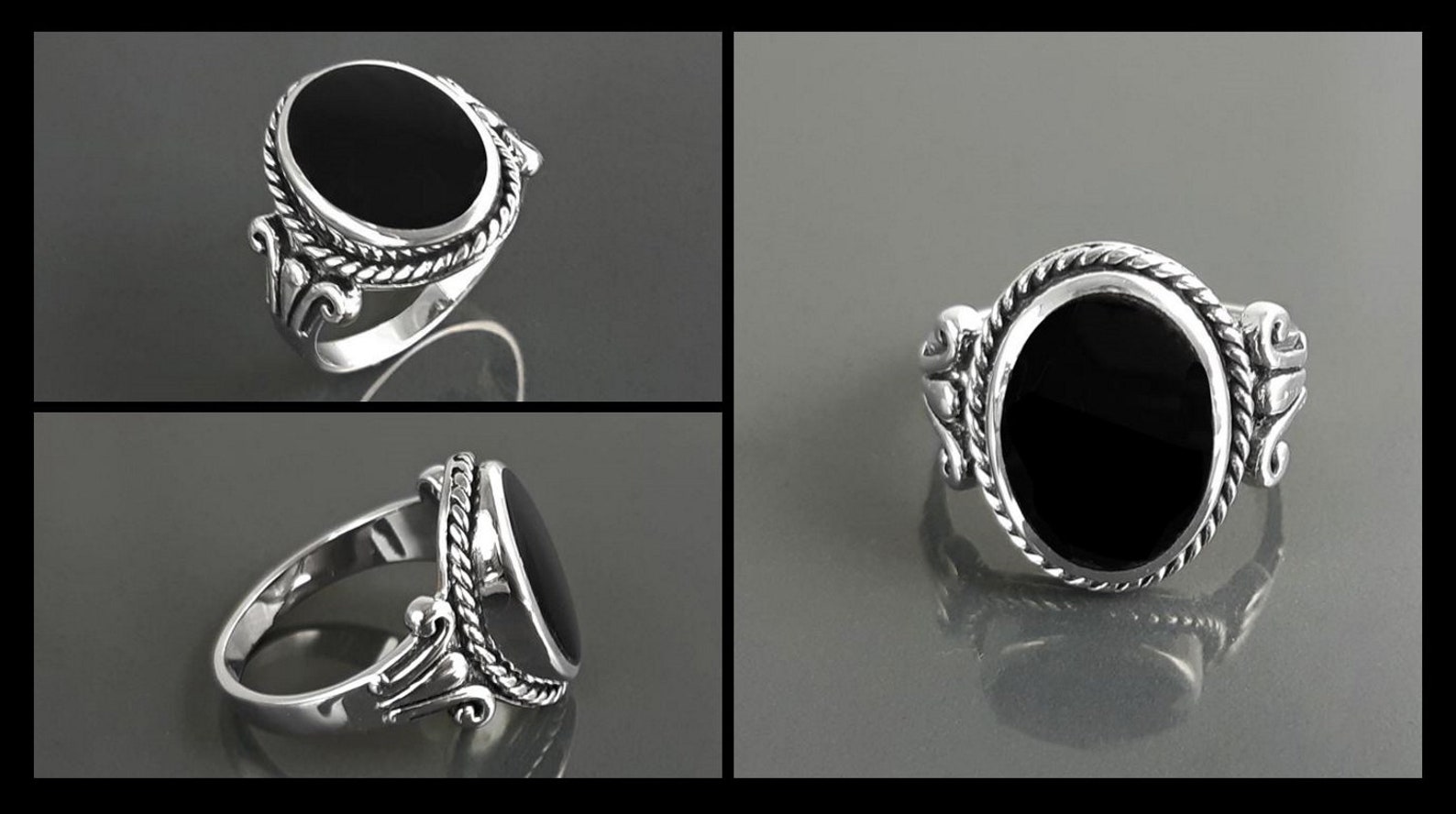 Bague En Argent Massif Avec Incrustations D'onyx, Modèle Dôme, Taille 55 - Occasion