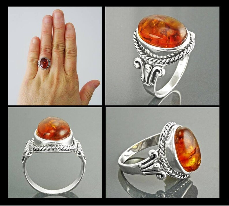 Bague En Argent 925 Avec Ambre Véritable, Motif Ambre Brun, Style Biker, Myringshop