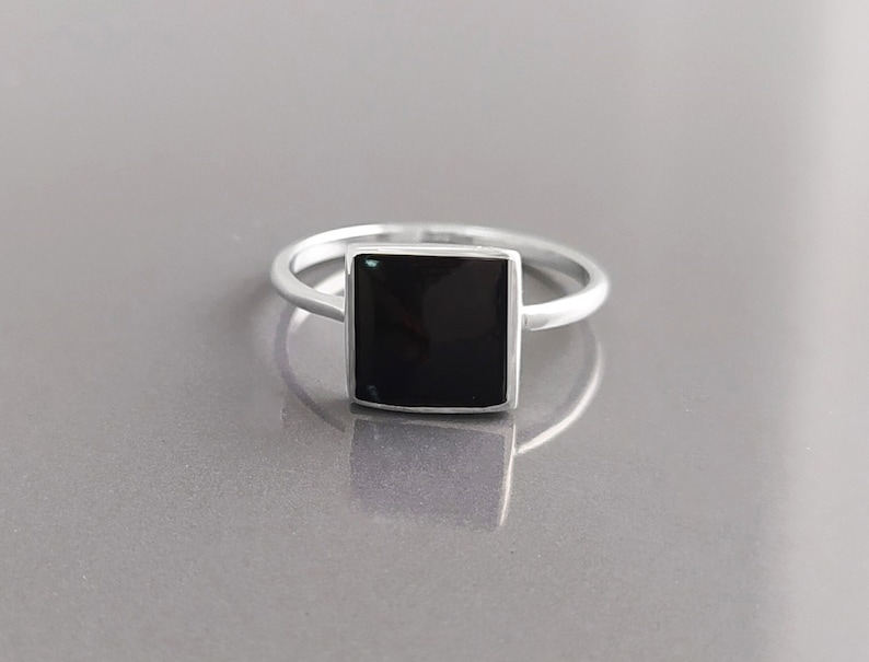 Black Onyx Ring, Stacking Ring Sterling Ring Square Ring Minimalist Ring Affordable Ring Black Stone Ring Dainty Silver Ring. image 2