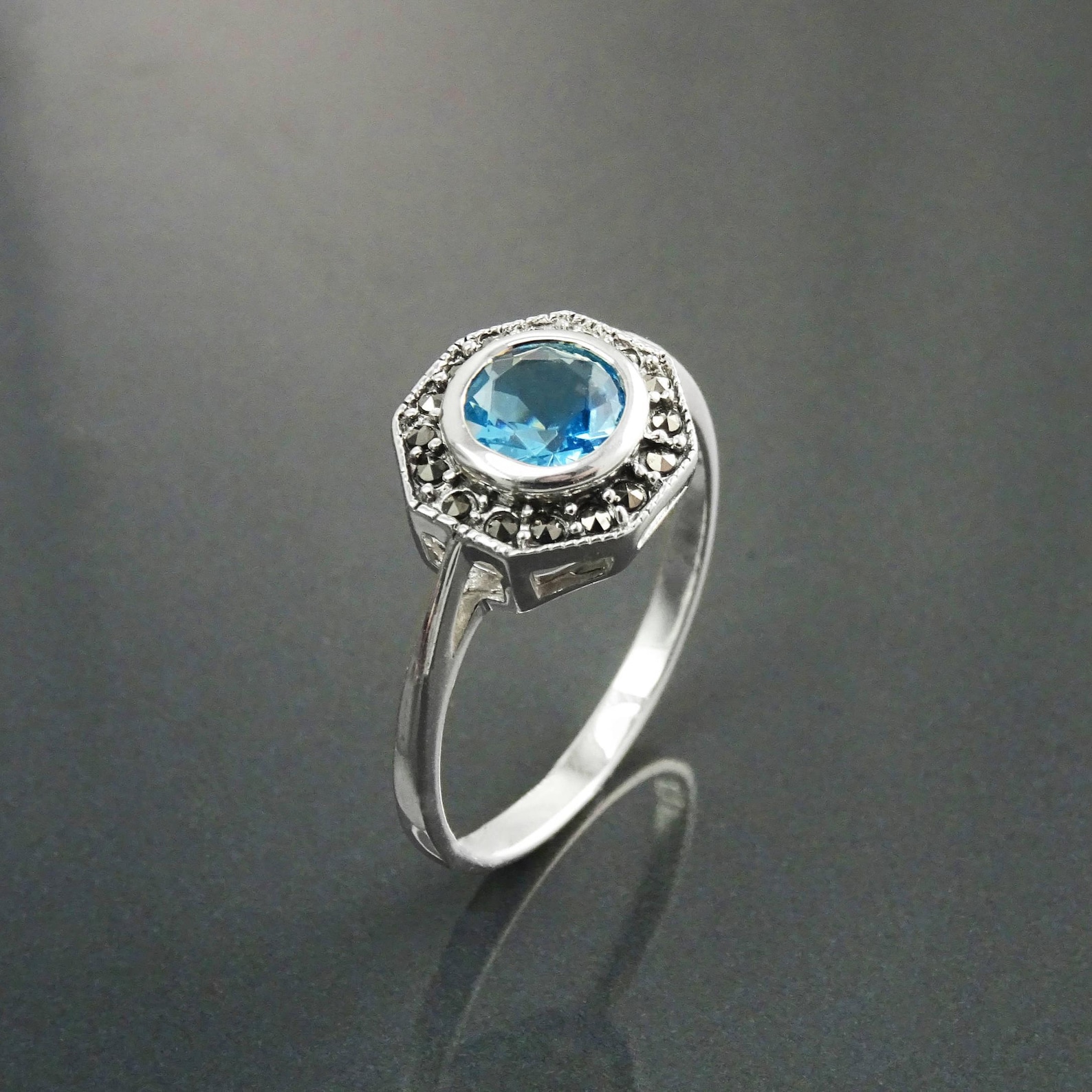 Topaz Classic Rings Topaz Marcasite Ring, Sterling Silver, Vintage Octagonal Ring, Lab Blue ...