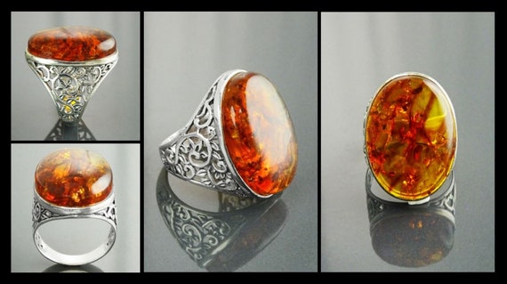 Bague Argent Massif Avec Pierre Ambre - Taille 60, Occasion, Bijou Vintage