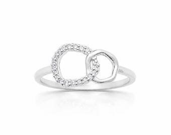 Double Circle Ring • Sterling Silver • Diamond Cz pave Linked Loop Band • Interlocking Hoop Jewelry