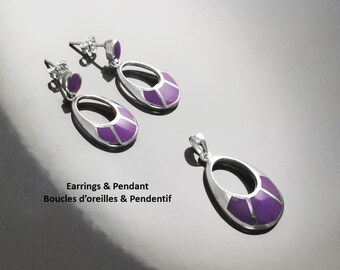 PARURE ARGENT Boucles et Pendentif, Ensemble Violet Résine, Argent Massif 925, Violet FUN, Boucles mi-Longues, Epurées, Bijoux épurés.