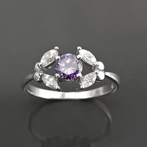 Purple Halo Ring, Sterling Silver, Violet and White Stones (CZ), Modern Minimalist Solitaire Stone Ring, Woman Jewelry