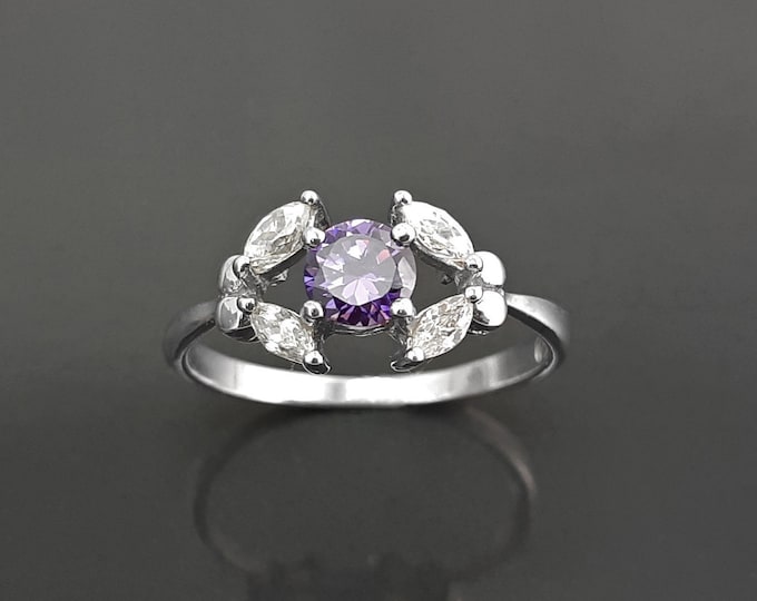 Purple Halo Ring, Sterling Silver, Violet and White Stones (CZ), Modern Minimalist Solitaire Stone Ring, Woman Jewelry