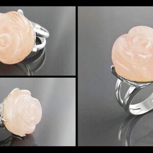 Rose Ring, Sterling Silver made, engraved stone, NATURAL Rose Quartz Gemstone jewelry, Rose flower, Floral design, Birthstone Ring image 7