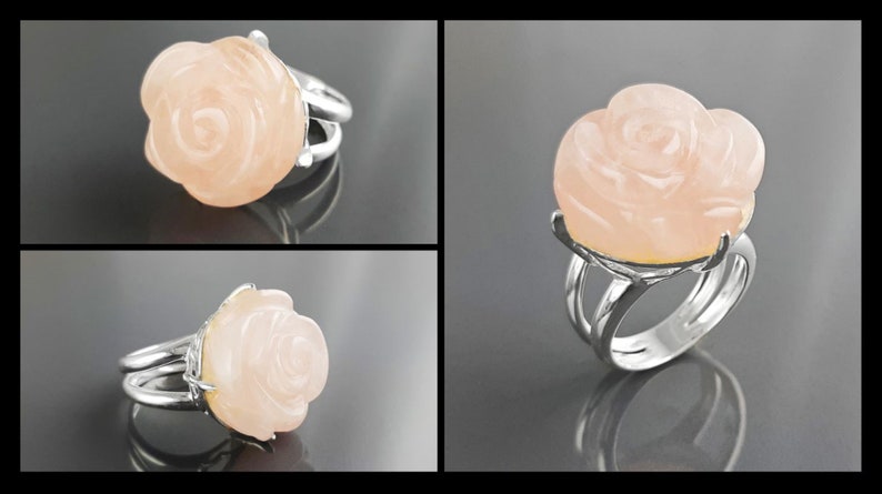 Rose Ring, Sterling Silver made, engraved stone, NATURAL Rose Quartz Gemstone jewelry, Rose flower, Floral design, Birthstone Ring image 7