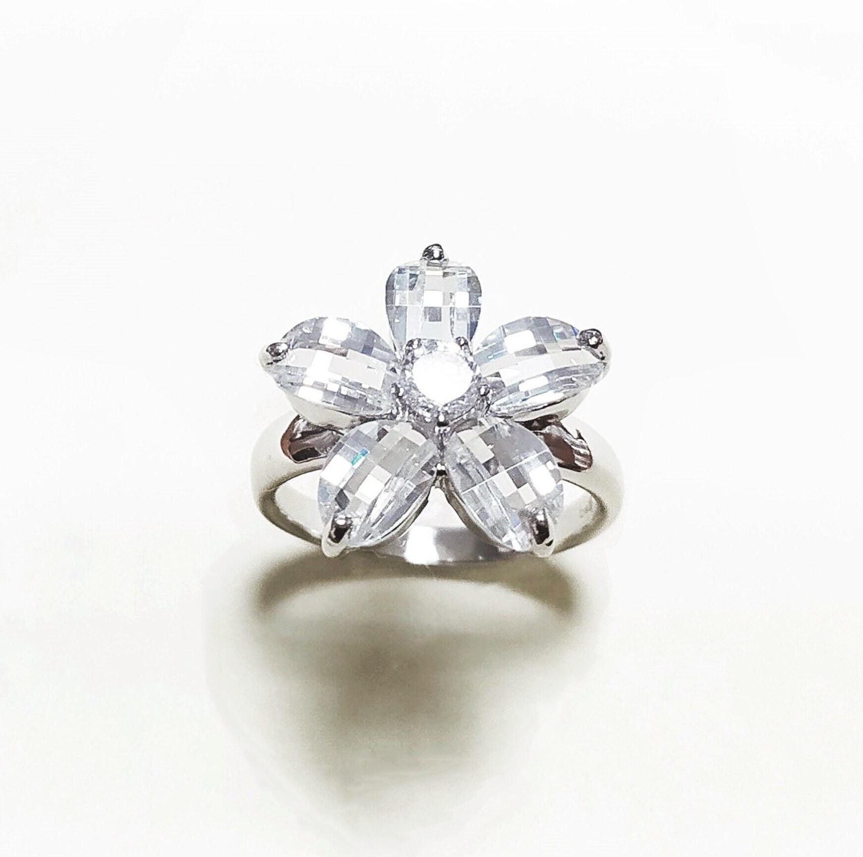 Flower Ring Sterling Silver 925, Clear White Stones Color Faceted
