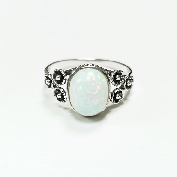 Sterling Silver Opal Ring, Flower Design Jewelry